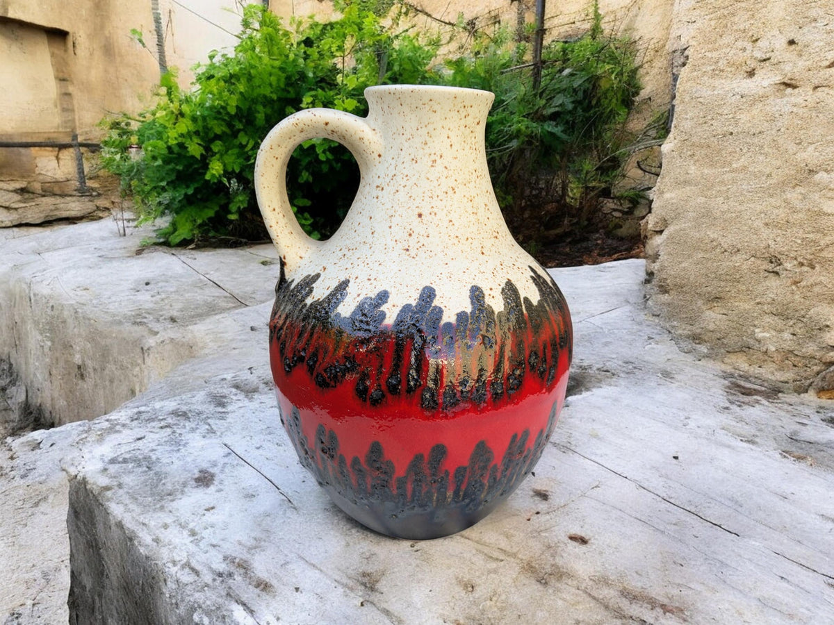 Vintage Bay Fat Lava Krug, West Germany Keramik in Beige mit Schwarz-Rot-Schwarz Design, 60er/70er Jahre, Modellnummer 71-25