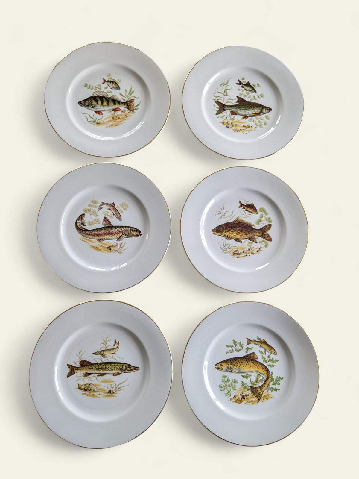 Rarität! Vintage Porzellan-Geschirrset mit Fischmotiven & Goldrand | Hutschenreuther, Selb, Eschenbach | Handbemalt