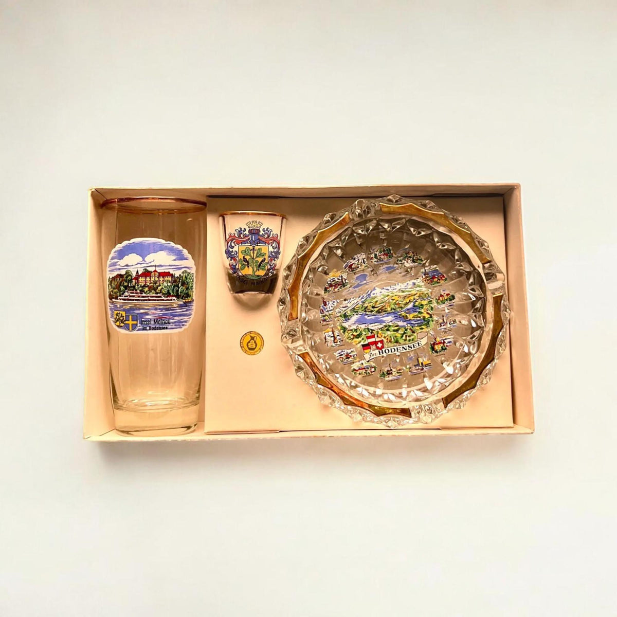 Rarität! Mid Century 60er Jahre Geschenkset Bodensee mit Bierglas, Schnapsglas und Aschenbecher neuwertig im Originalkarton