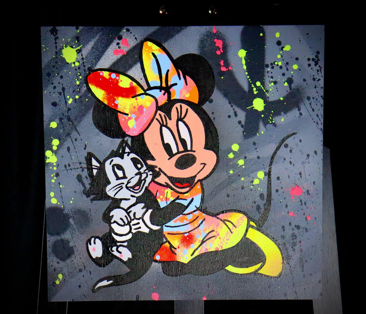 Original- Pop-Art Gemälde der Künstlerin Socrate, Minnie Mouse mit Katze, handsigniert mit Echtheitszertifikat, Einzelstück