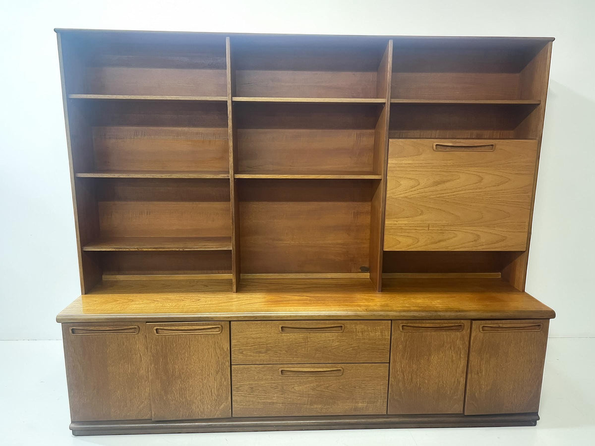 Mid Century Teak Schrankwand, 1960er Danish Style, Vintage Sideboard mit Regalen & Barfach, Modulares Möbel fürs Wohnzimmer oder Büro