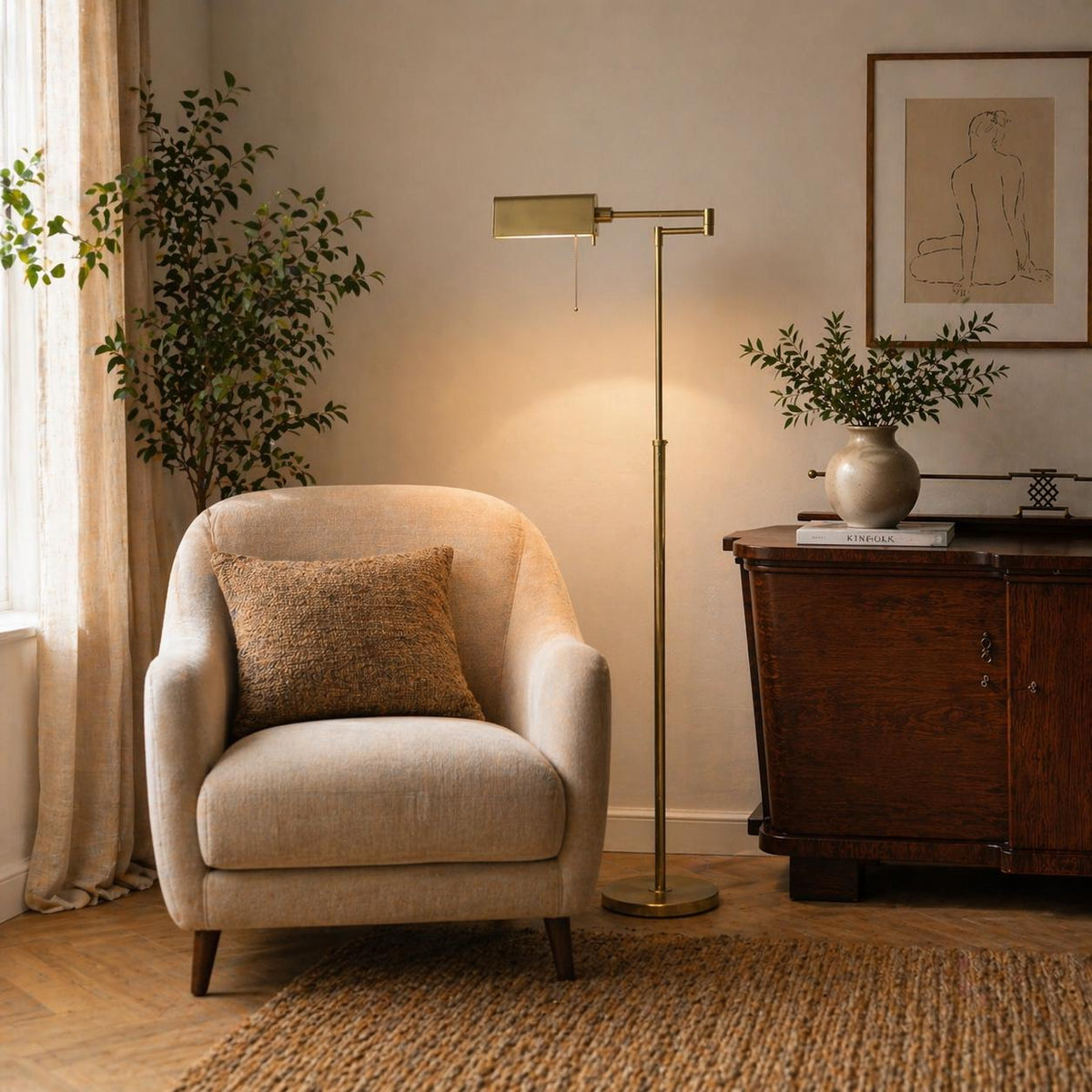 Vintage Messing Stehlampe mit Gelenkarm – Verstellbare Leseleuchte 70er Jahre Stil – Mid Century Modern im Stil von Sölken oder Holtkötter