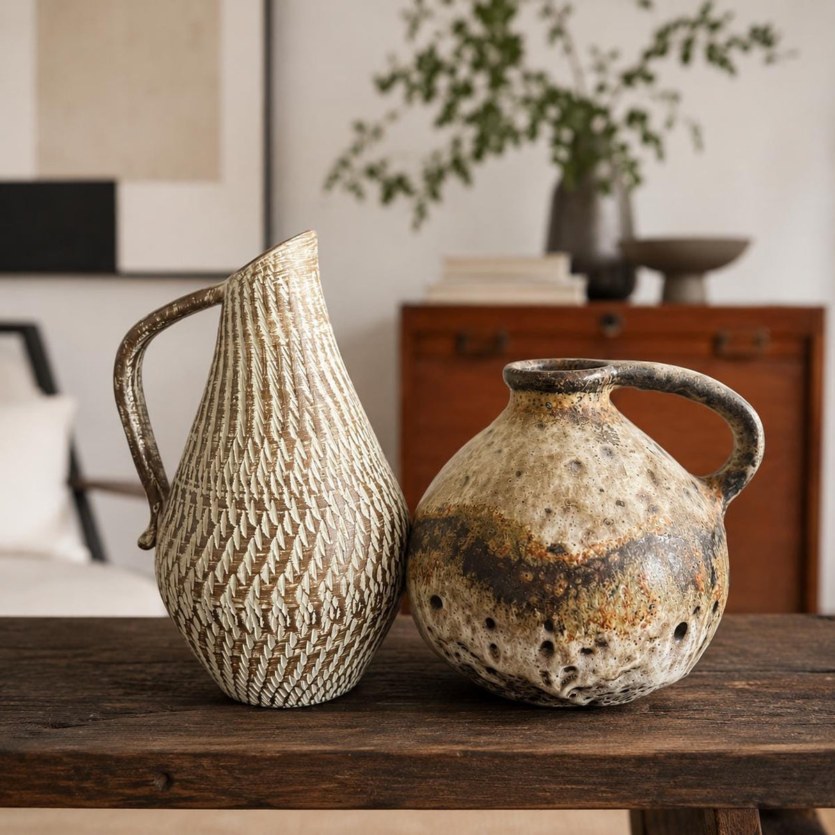 Vintage Keramikvasen Set aus Westdeutschland | B&M Höhr Krug und Fat Lava Vase Bay Studiokeramik | Mid Century Modern | Wabi Sabi Dekor