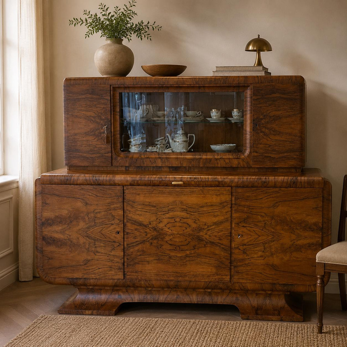 Monumentales Art Deco Sideboard mit Vitrinenaufsatz & Marmorplatte, dokumentiert 1932 – Nussbaum Wurzelholz Credenza / Buffet / Cabinet