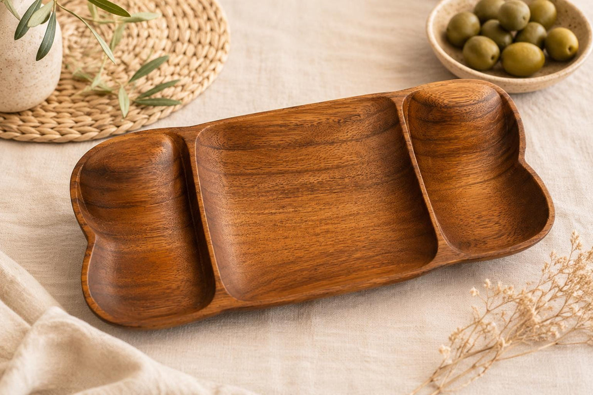 Vintage Holz Servierschale XXL 44 cm | Handgeschnitzte Mid Century Snackschale mit 3 Fächern | Teakholz Schale 1960er 1970er