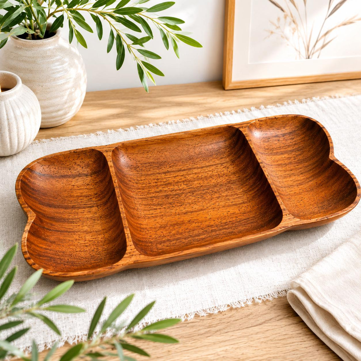 Vintage Holz Servierschale XXL 44 cm | Handgeschnitzte Mid Century Snackschale mit 3 Fächern | Teakholz Schale 1960er 1970er