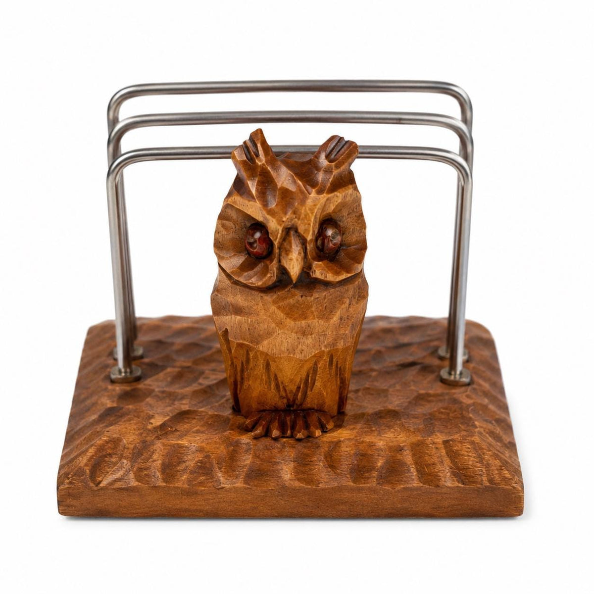 Vintage Eulen Briefhalter Holz geschnitzt Mid Century Letter Holder Hand Carved Owl Desk Organizer Retro