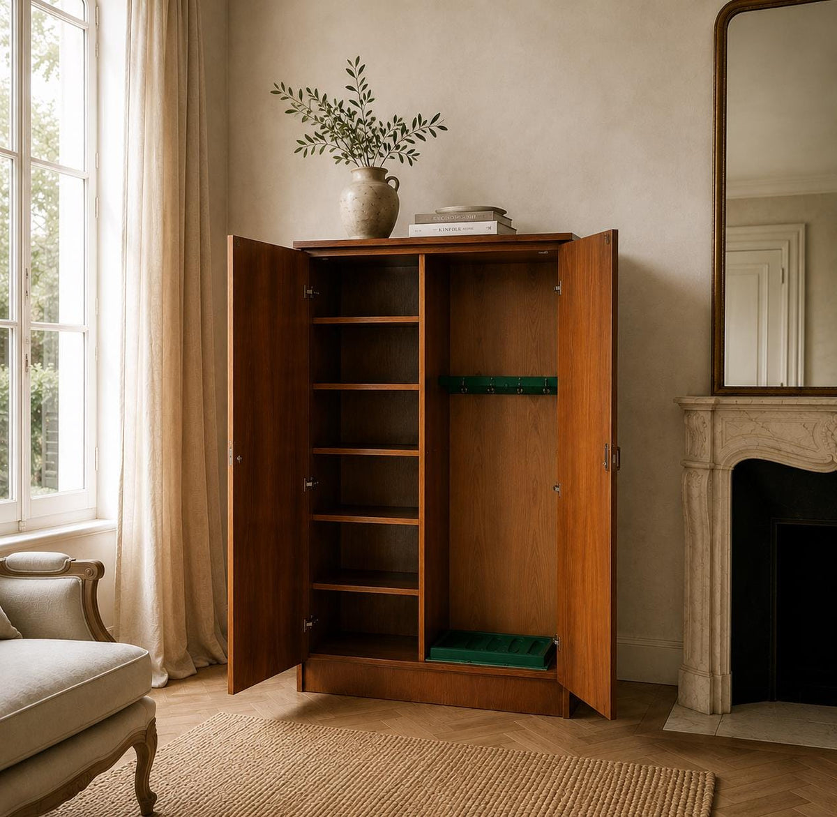 Mid Century Wäscheschrank/ Waffenschrank für 5 Langwaffen und verschiedene Accessoires im klassischen Design, ohne Schutzklasseneinstufung.