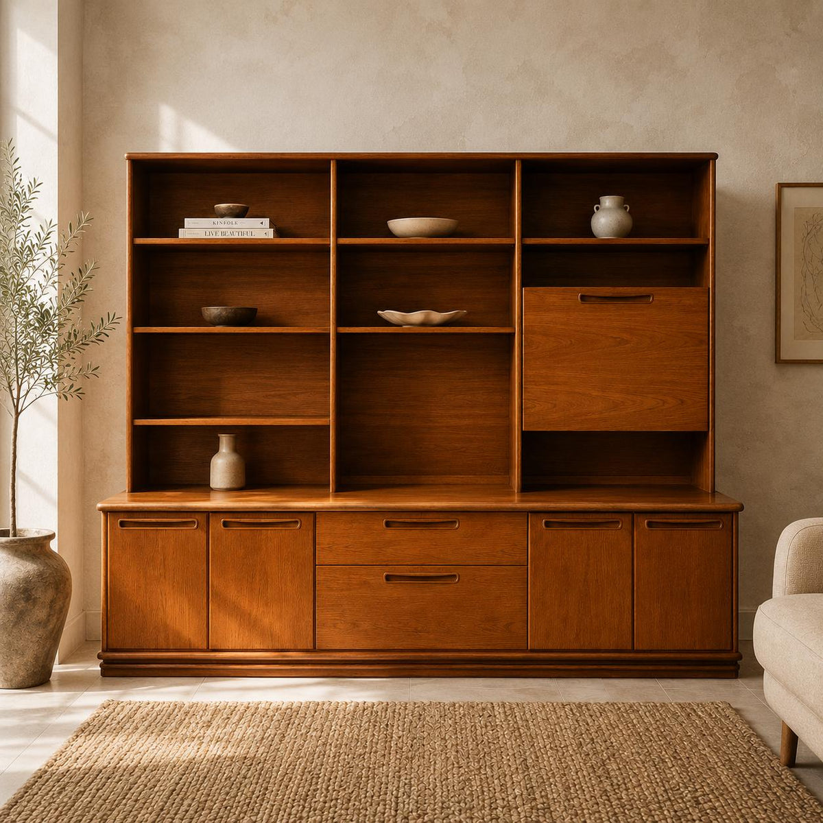 Mid Century Teak Schrankwand, 1960er Danish Style, Vintage Sideboard mit Regalen & Barfach, Modulares Möbel fürs Wohnzimmer oder Büro