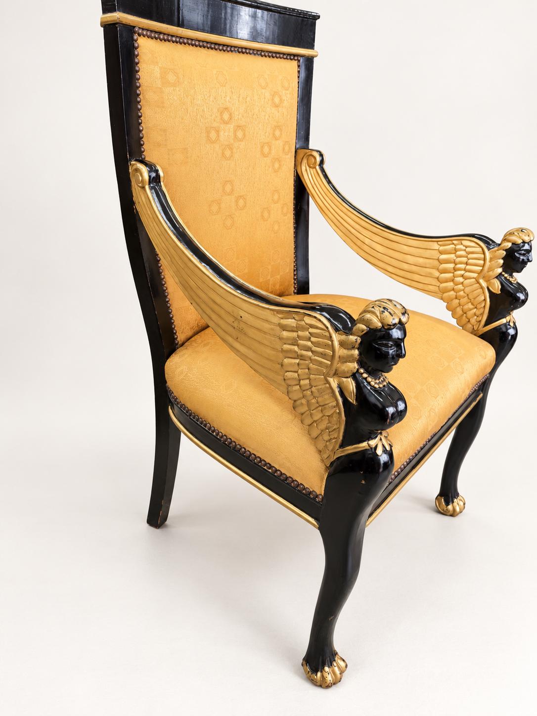 Vintage Sphinx-Sessel in Schwarz & Gold | Empire Revival Armlehnstuhl | Egyptian Revival Statement Chair