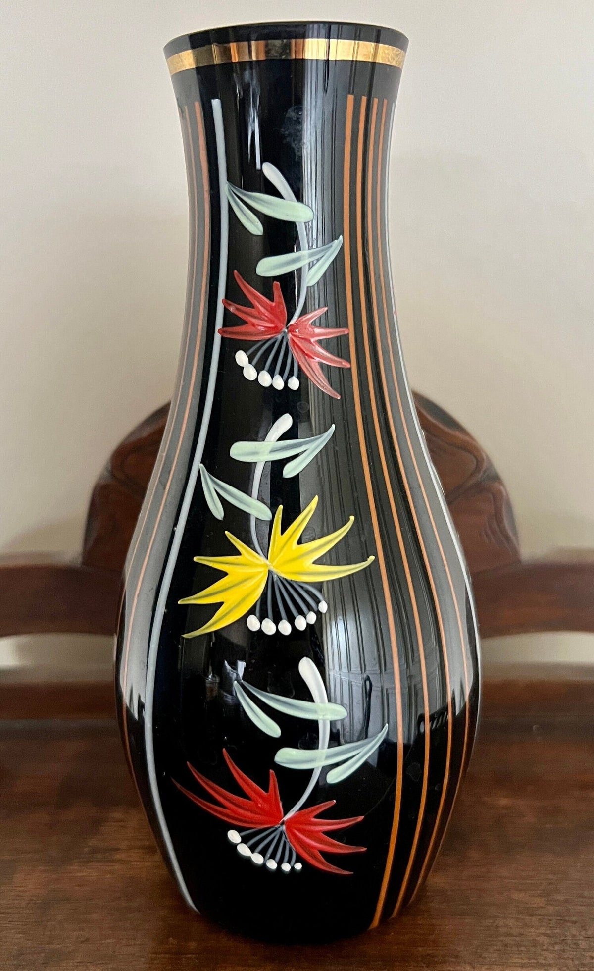 Rarität! Handbemalte schwarze Glasvase im typischen Mid Century Style, Top Zustand signiert 213/5
