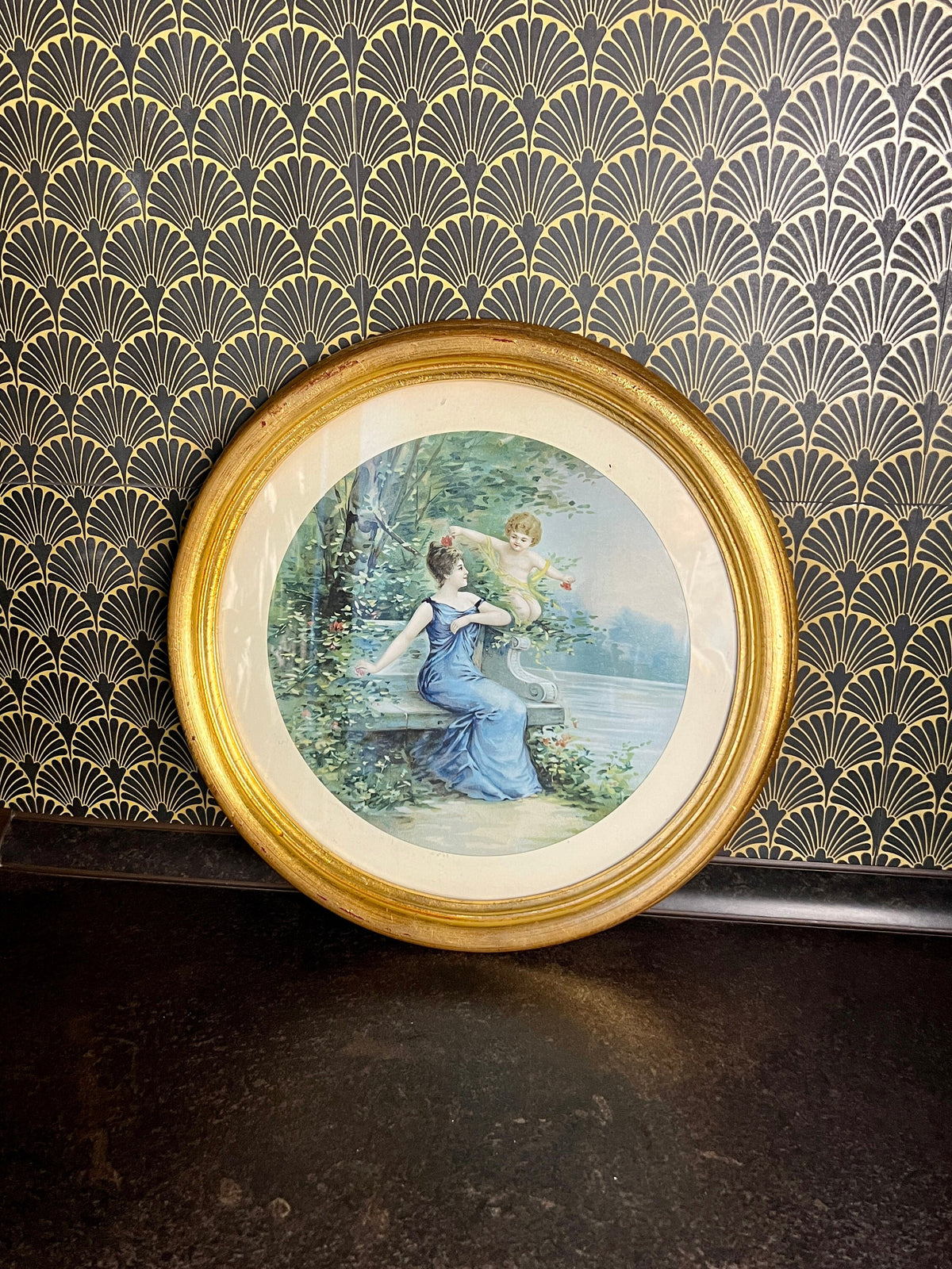 Vintage Kunstdruck aus den 1930er Jahren im klassischen Holzrahmen mit Blattgold belegt
