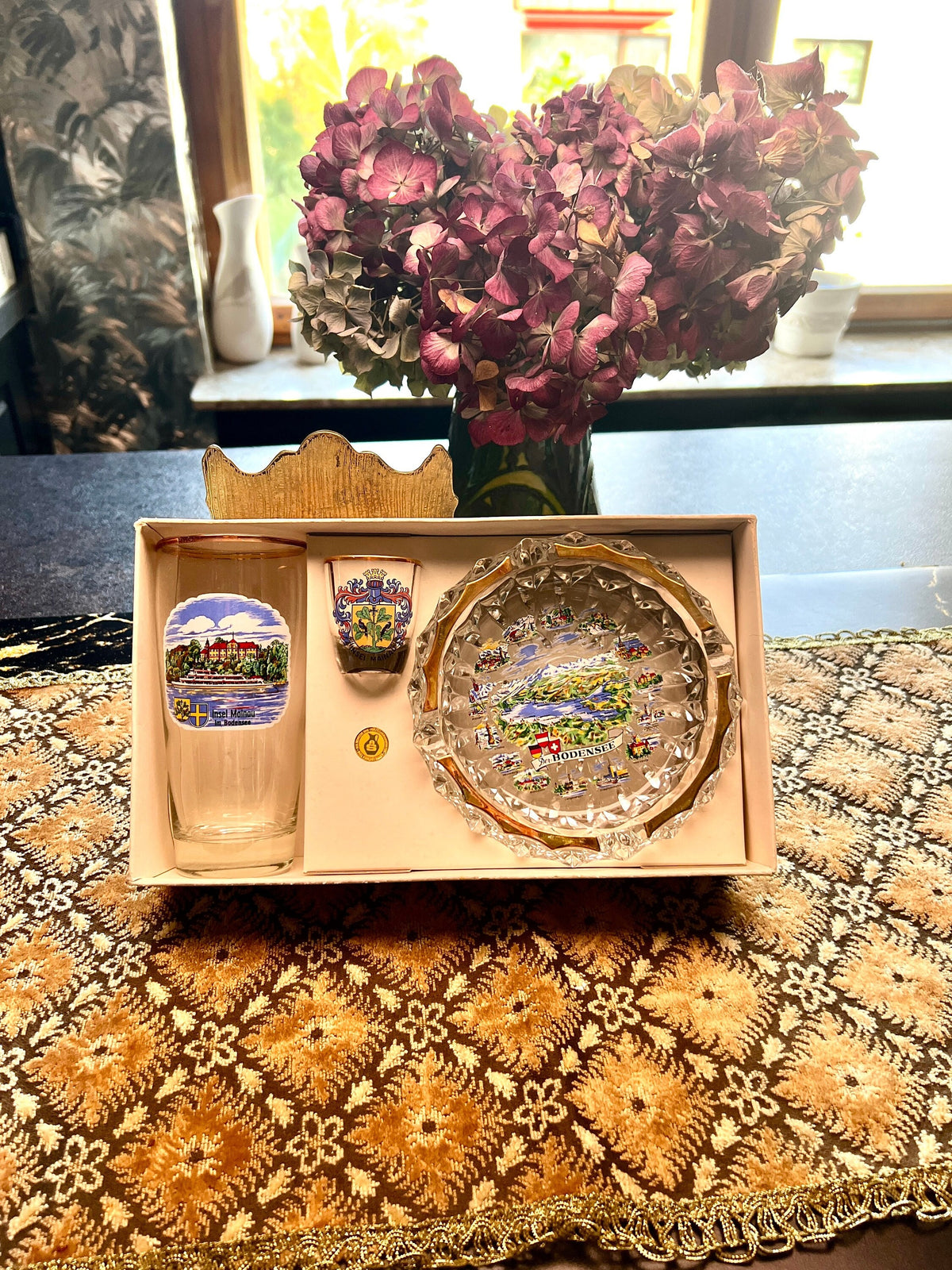 Rarität! Mid Century 60er Jahre Geschenkset Bodensee mit Bierglas, Schnapsglas und Aschenbecher neuwertig im Originalkarton