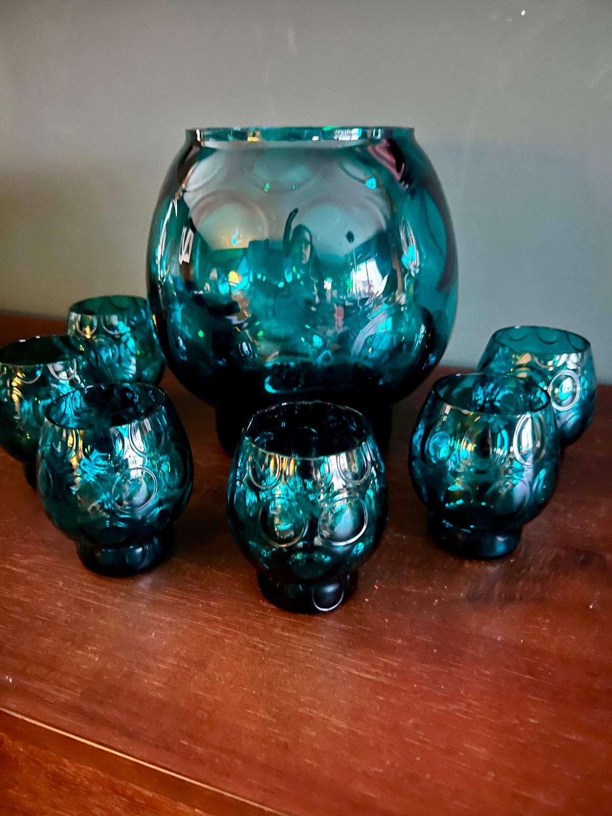 Mid Century Bowlen Set ca. 1960er Jahre. Türkisblau mit großen Blasen im Stile der tschechischen Glasmanufaktur Sklo Union.