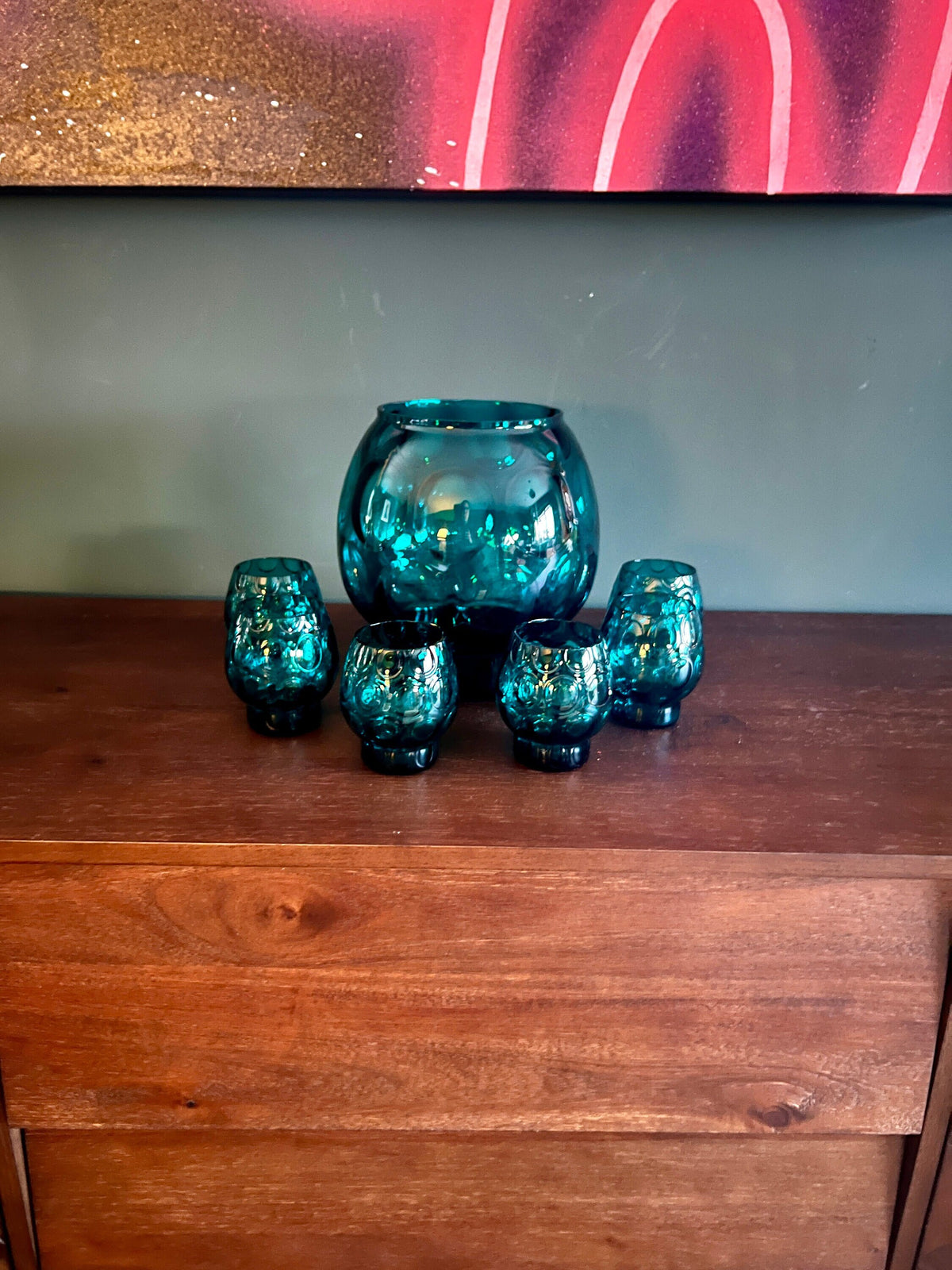 Mid Century Bowlen Set ca. 1960er Jahre. Türkisblau mit großen Blasen im Stile der tschechischen Glasmanufaktur Sklo Union.