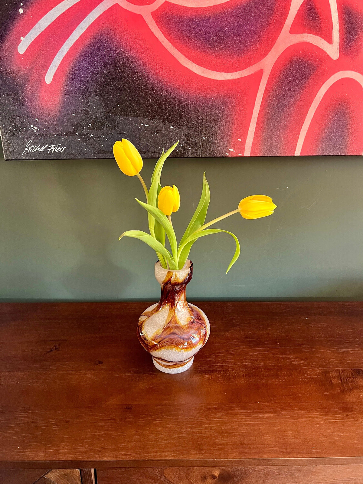 Schaumglas, Mid Century Vase von Spiegelau mit braunen Einschlüssen, Studioglas, mundgeblasen, unbenutzt mit Etikett