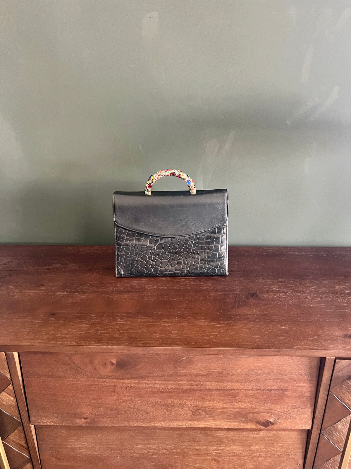 Ausgefallene Handtasche aus Leder von Oreste Fiorini aus den 1990er Jahren mit Schmuckgriff, Abendtasche schwarz