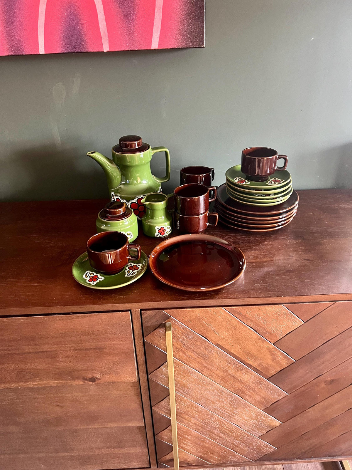 Retro Kaffeeservice aus den 1970er Jahren für 6 Personen, Space Age Vintage Geschirr in grün und braun vermutlich von Winterling, 21 Teile