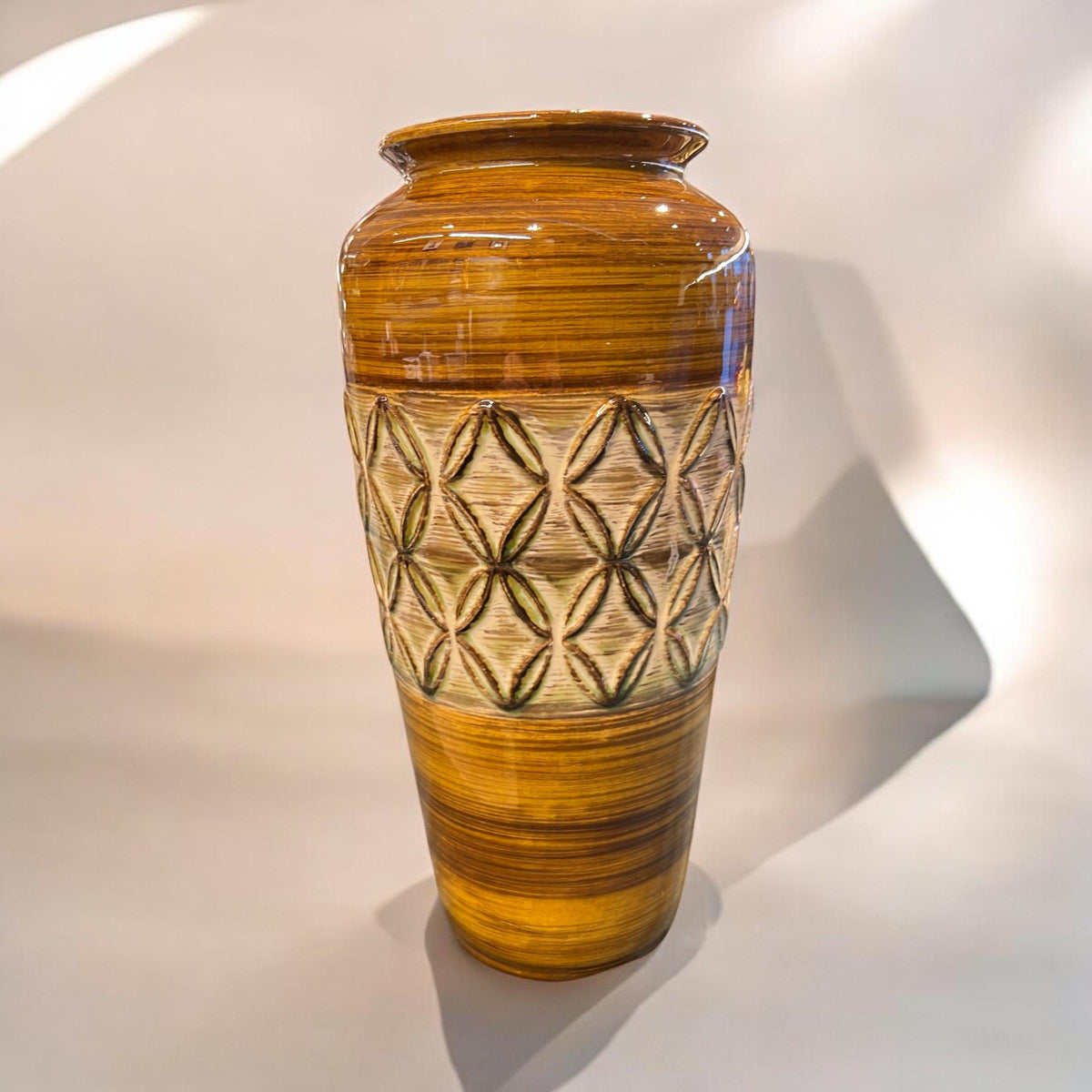 Scheurich Vase, hergestellt in Deutschland in den 1970er Jahren, braun mit Rautenmuster in grün, braun, weiß, neuwertiger Zustand