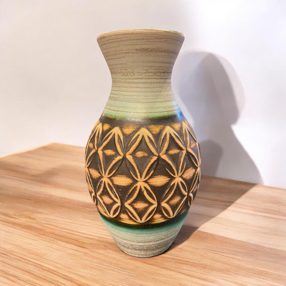 Scheurich Vase, hergestellt in Deutschland in den 1970er Jahren, braun/grün mit Rautenmuster, sehr guter Zustand