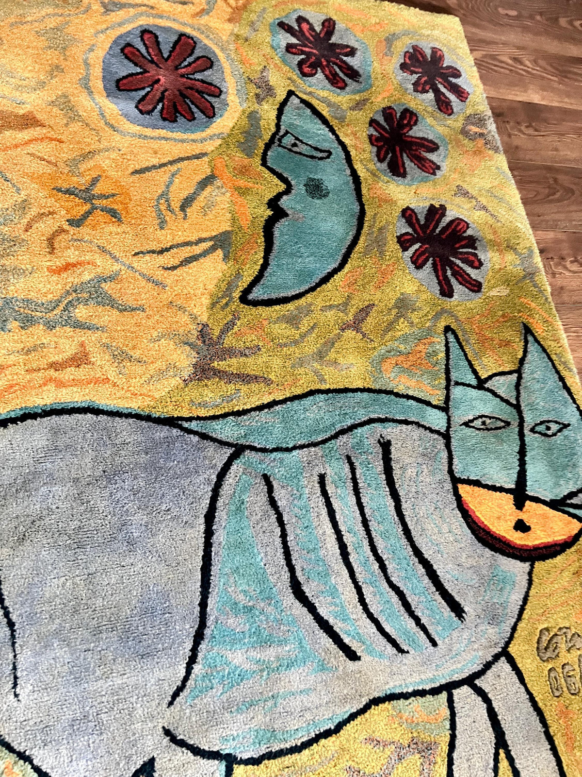 Sehr früher Corneille (Corneille Guillaume van Beverloo) Teppich mit dem Motiv "Le chat la lune et le soleil".