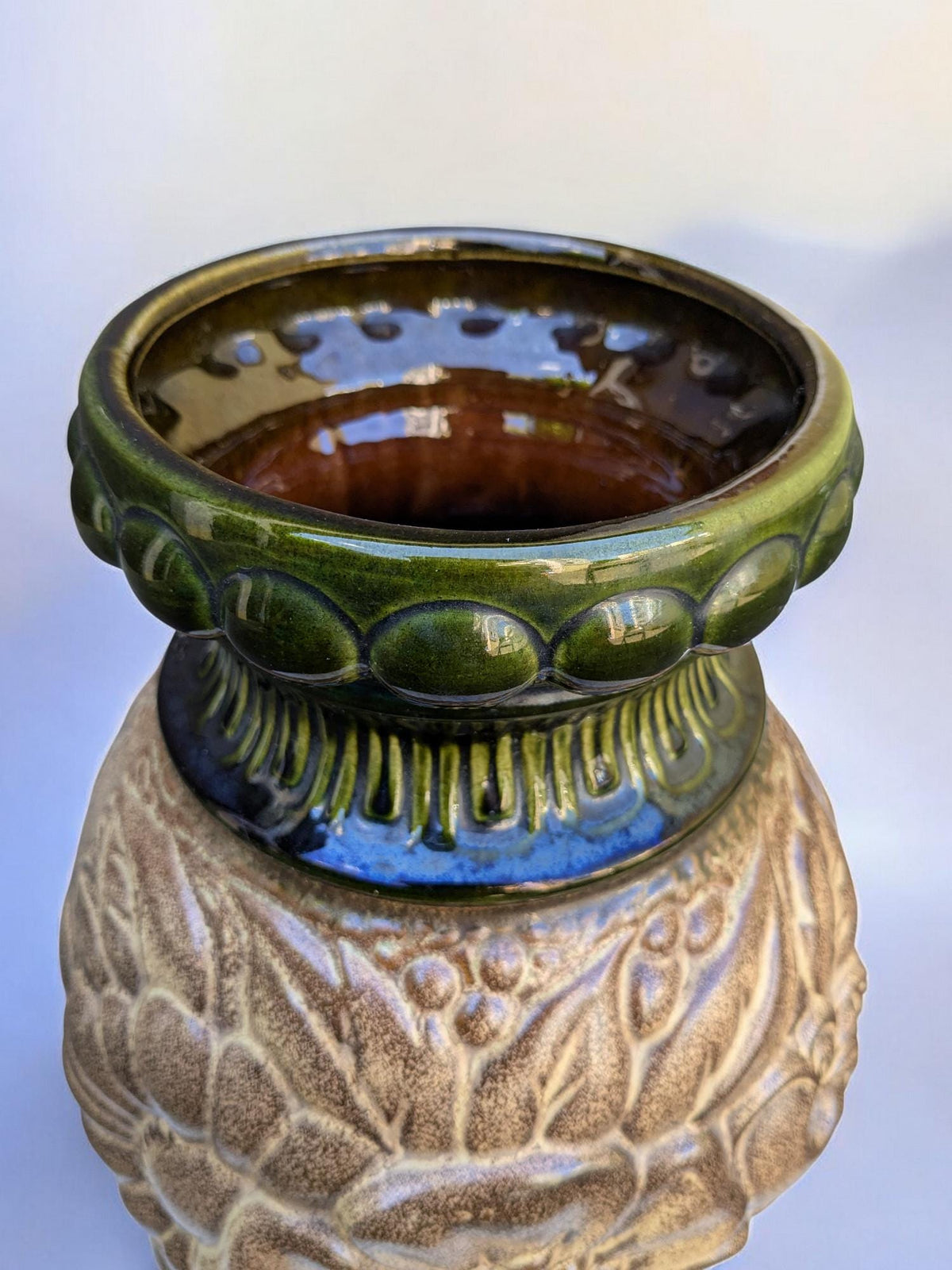 Große Mid-Century Vase von Scheurich Modellnr. 287-41 hellbraune Vintage-Keramik mit Blumendekor, West-Germany 60er/70er Jahre