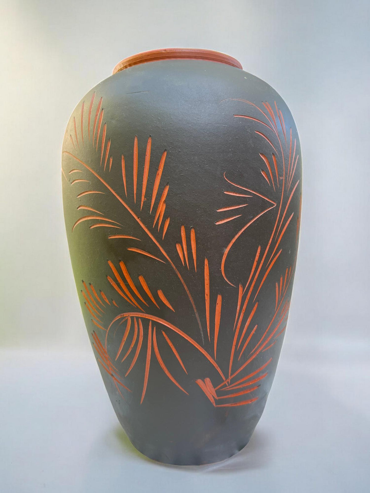 Große braune Sgrafitto 'Klinker' Vintage-Vase von Eiwa mit  Blumenmuster, Keramik, 70er/80er Jahre, Handverziert Modell 15/35