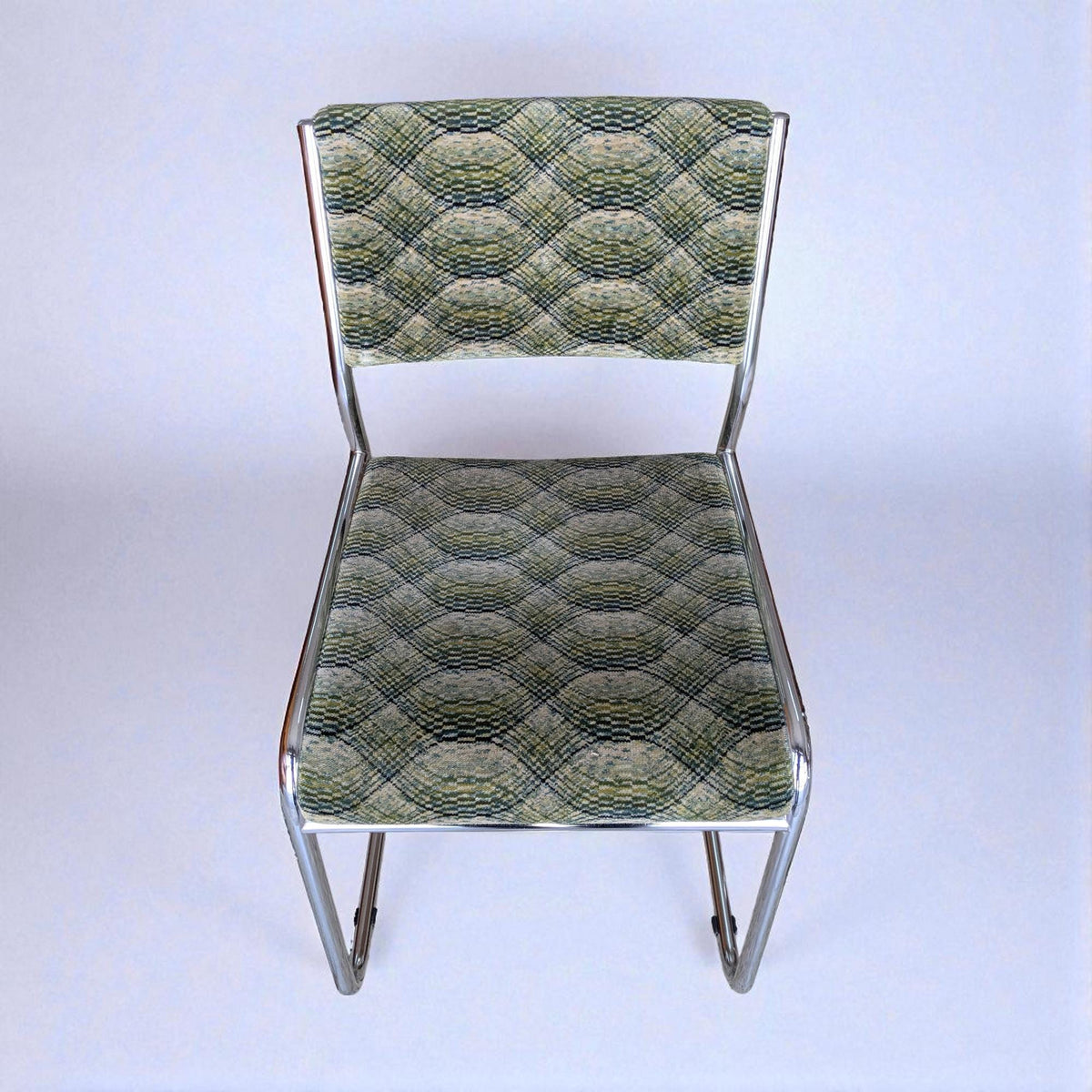 2x Vintage Chromstühle 70er Jahre | Retro Design | Stoffpolster Grün | Mid Century Stühle | Space Age Stuhl Set