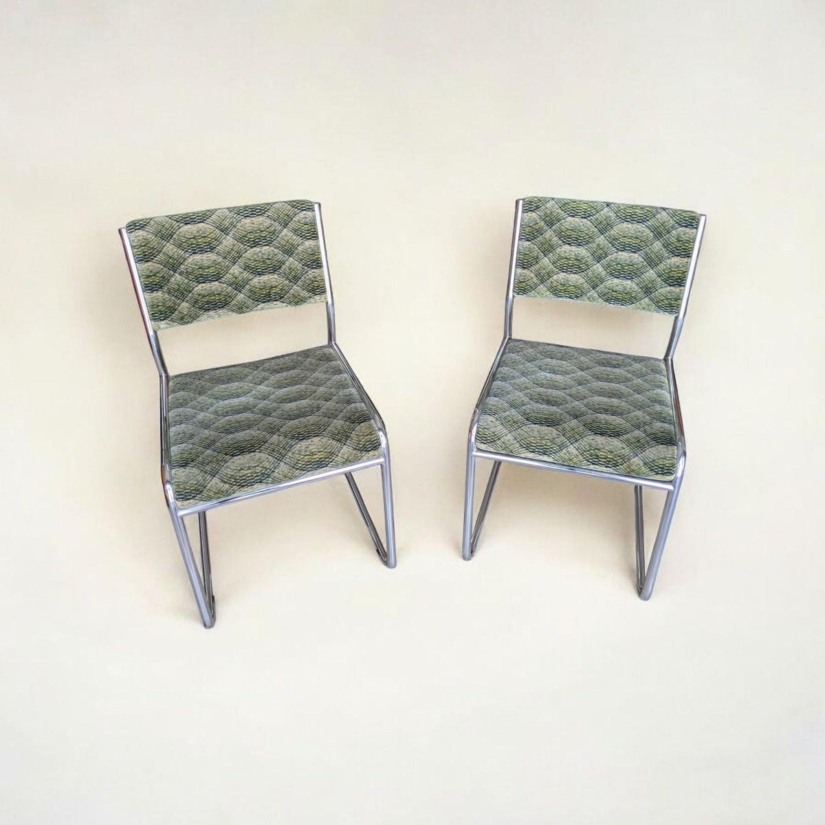 2x Vintage Chromstühle 70er Jahre | Retro Design | Stoffpolster Grün | Mid Century Stühle | Space Age Stuhl Set