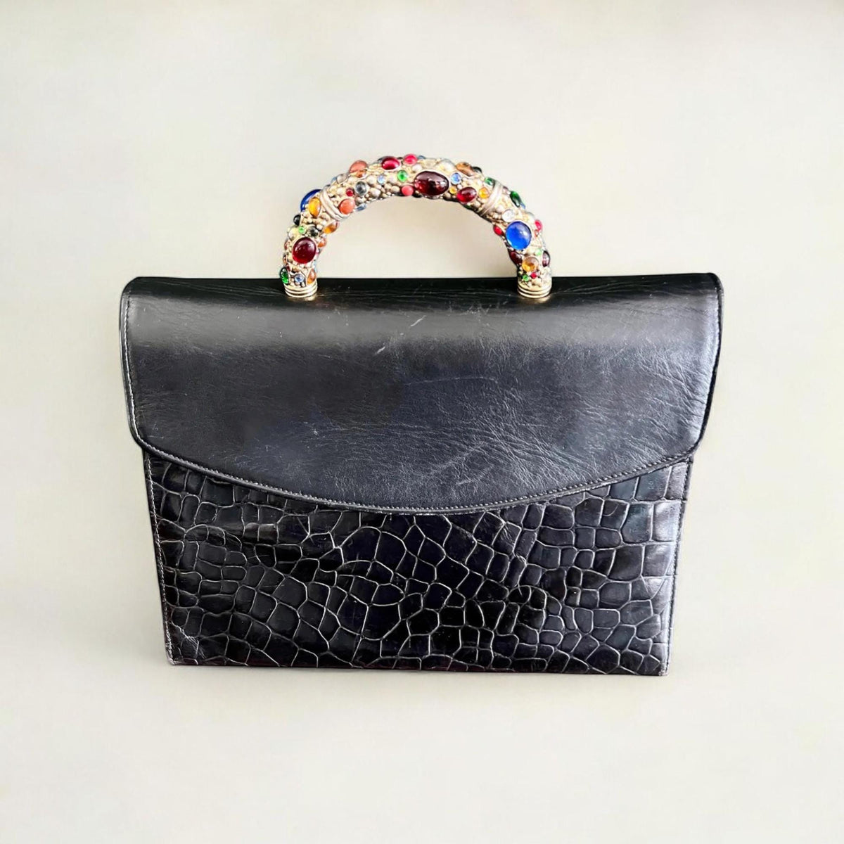 Ausgefallene Handtasche aus Leder von Oreste Fiorini aus den 1990er Jahren mit Schmuckgriff, Abendtasche schwarz