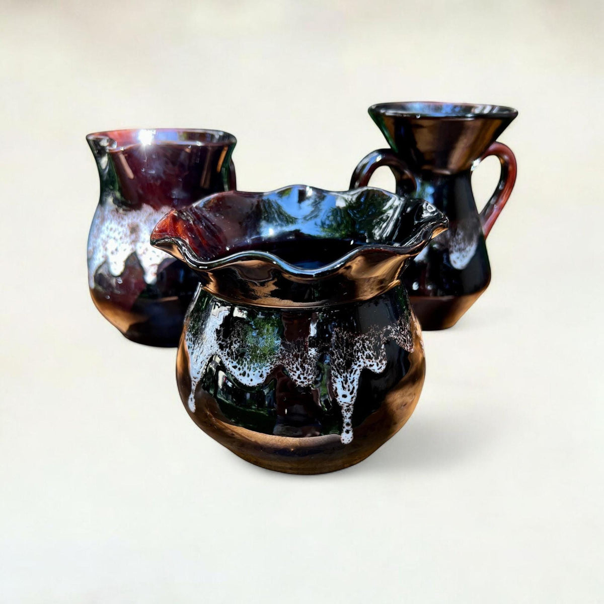 Vintage Keramikset bestehend aus einer Vase, Krug und Amphore im typischen 70er Jahre Look