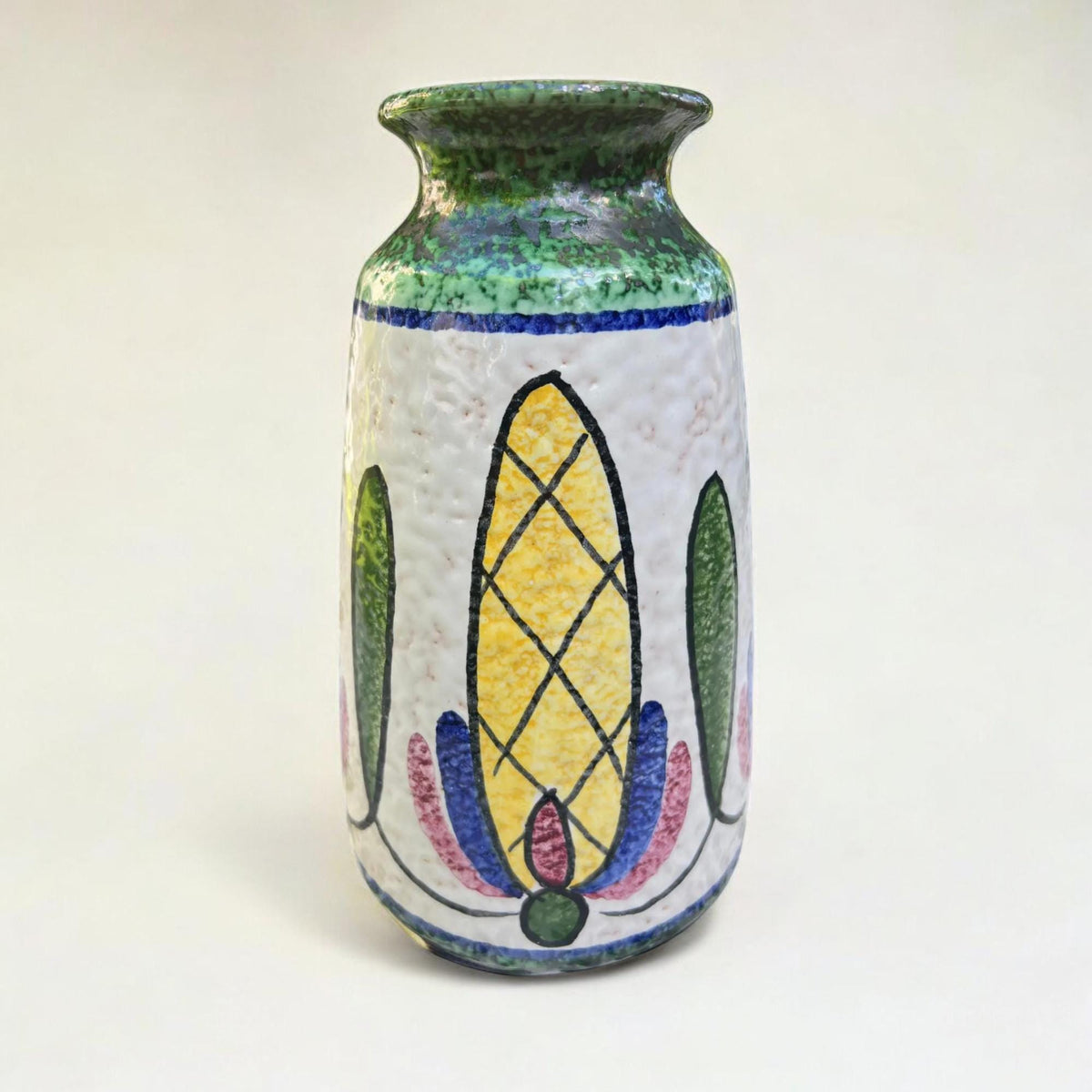 Steuler Keramik 4301/1 - mittelgroße, bunte Vintage-Vase mit Blumenmuster, 60er/70er Jahre Design, West German Pottery