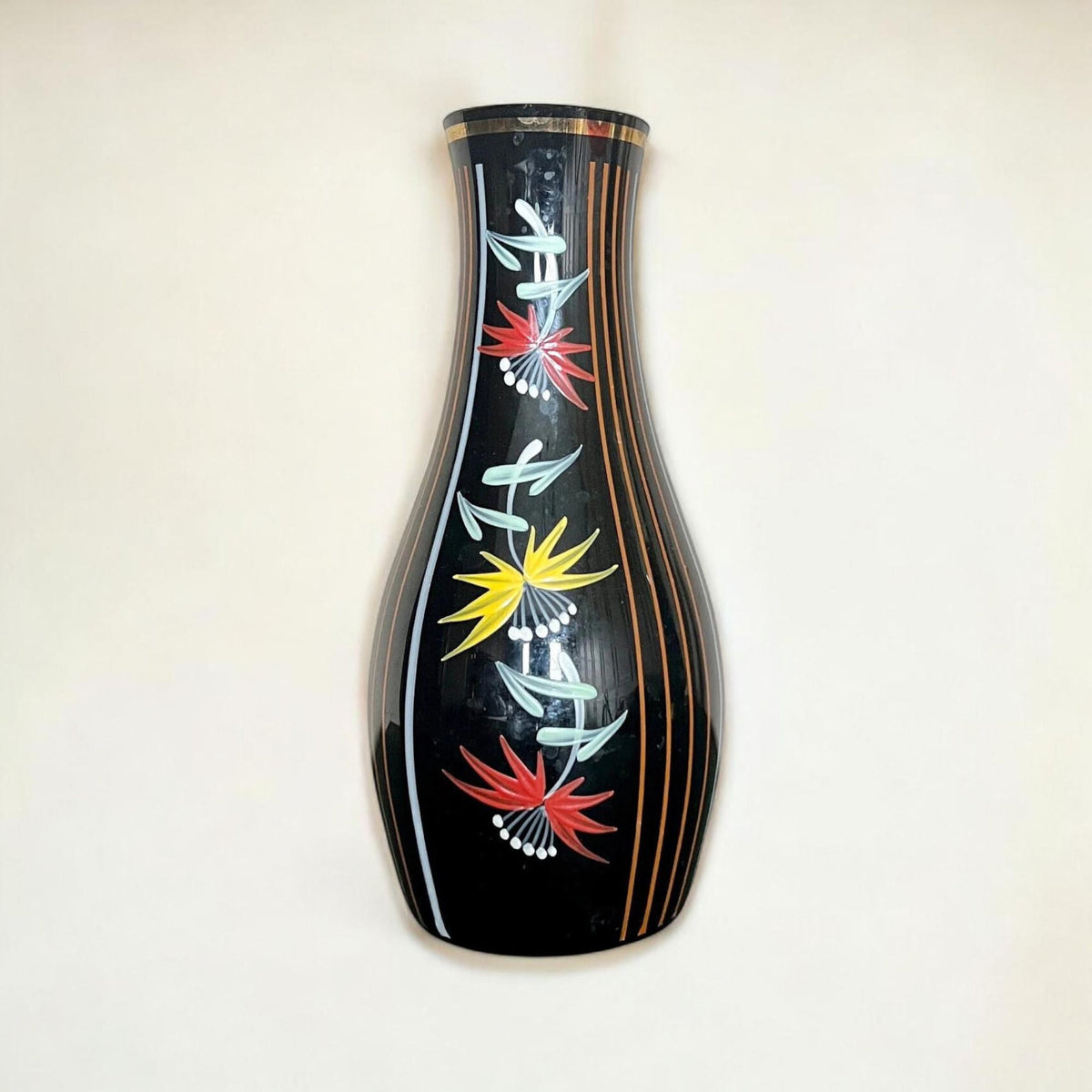 Rarität! Handbemalte schwarze Glasvase im typischen Mid Century Style, Top Zustand signiert 213/5
