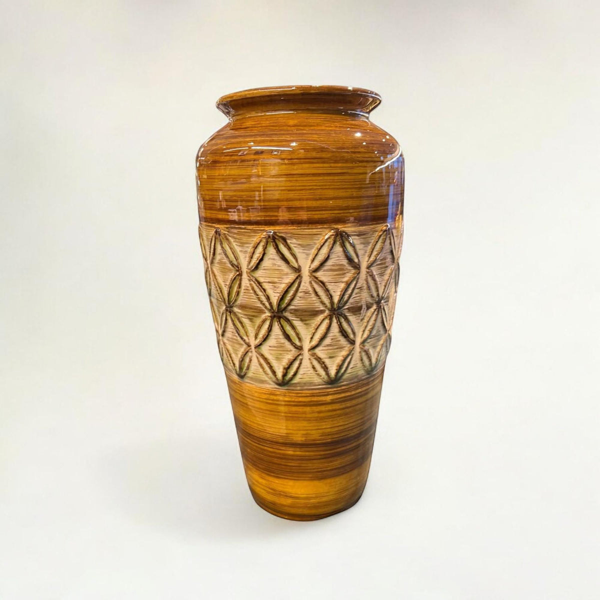 Scheurich Vase, hergestellt in Deutschland in den 1970er Jahren, braun mit Rautenmuster in grün, braun, weiß, neuwertiger Zustand