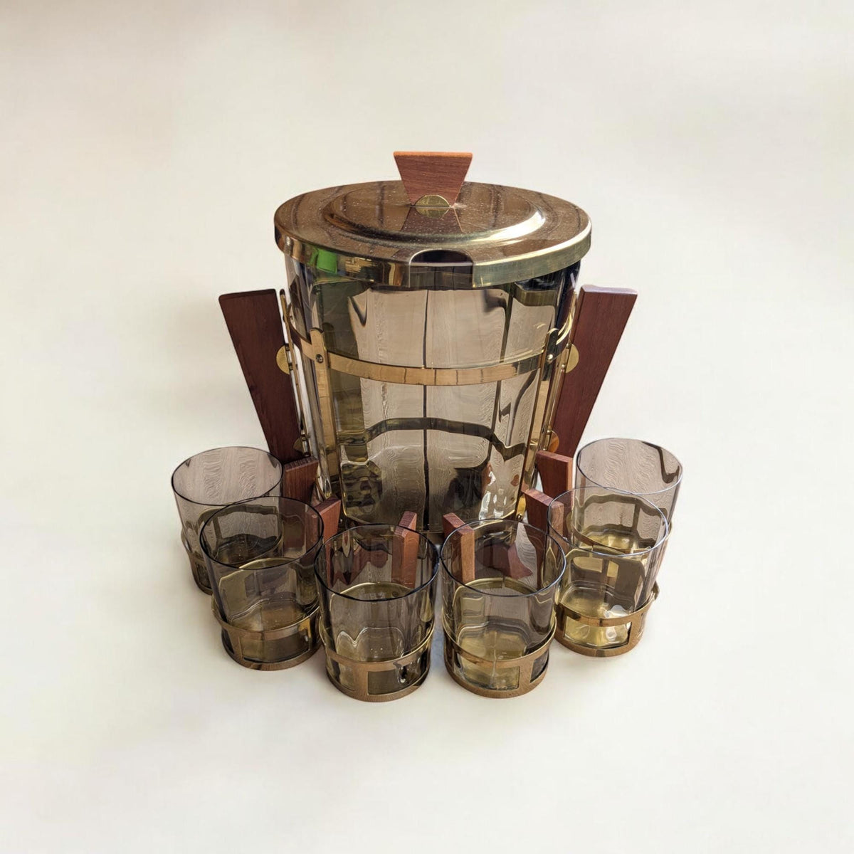 Seltenes Vintage Bowle-Set aus den 30er Jahren – Rauchglas, Messing & Teakholz