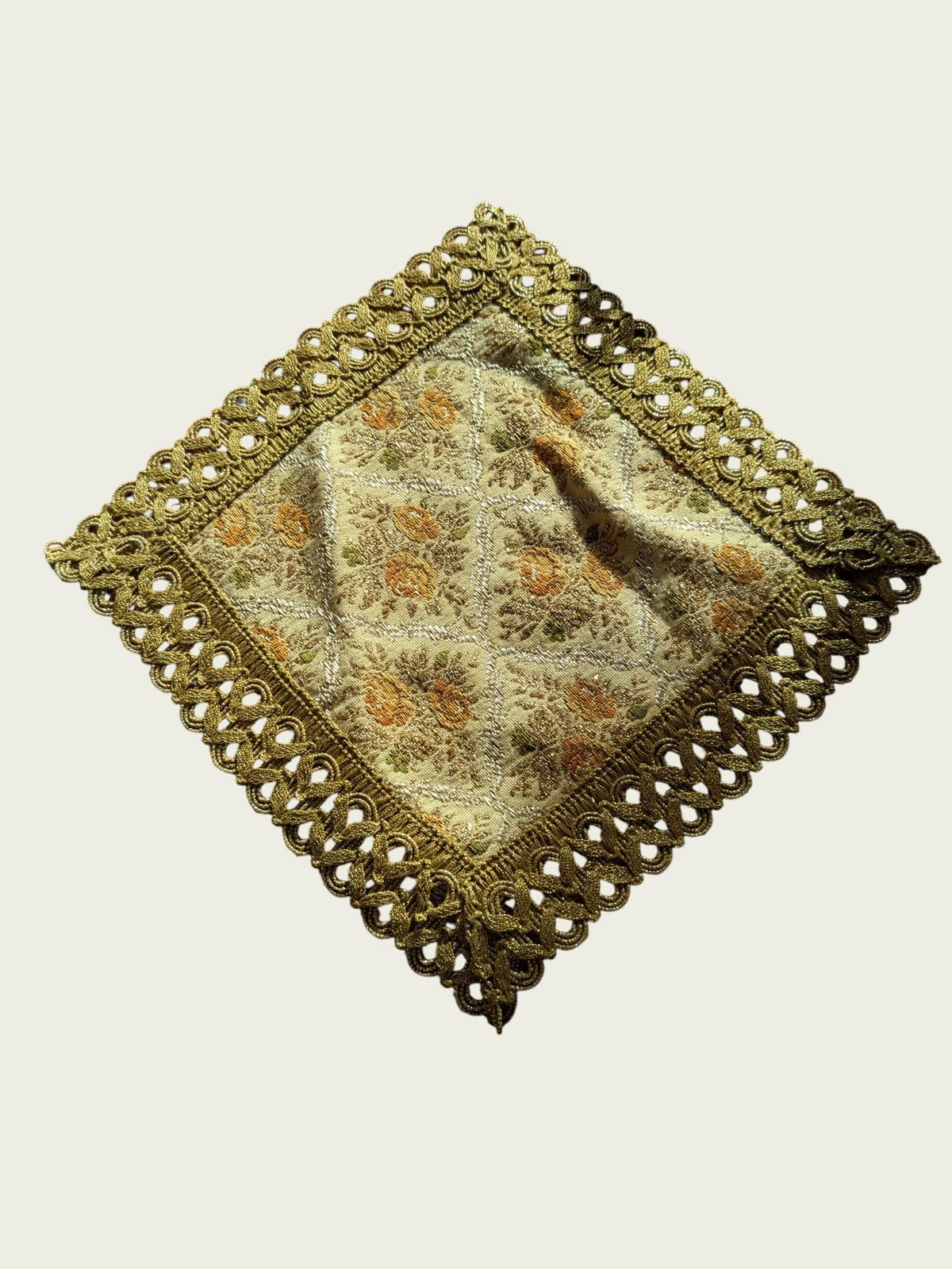 Vintage Platzdeckchen mit Blumenmuster & goldenem Rand – 70er/80er Jahre, 20x20 cm