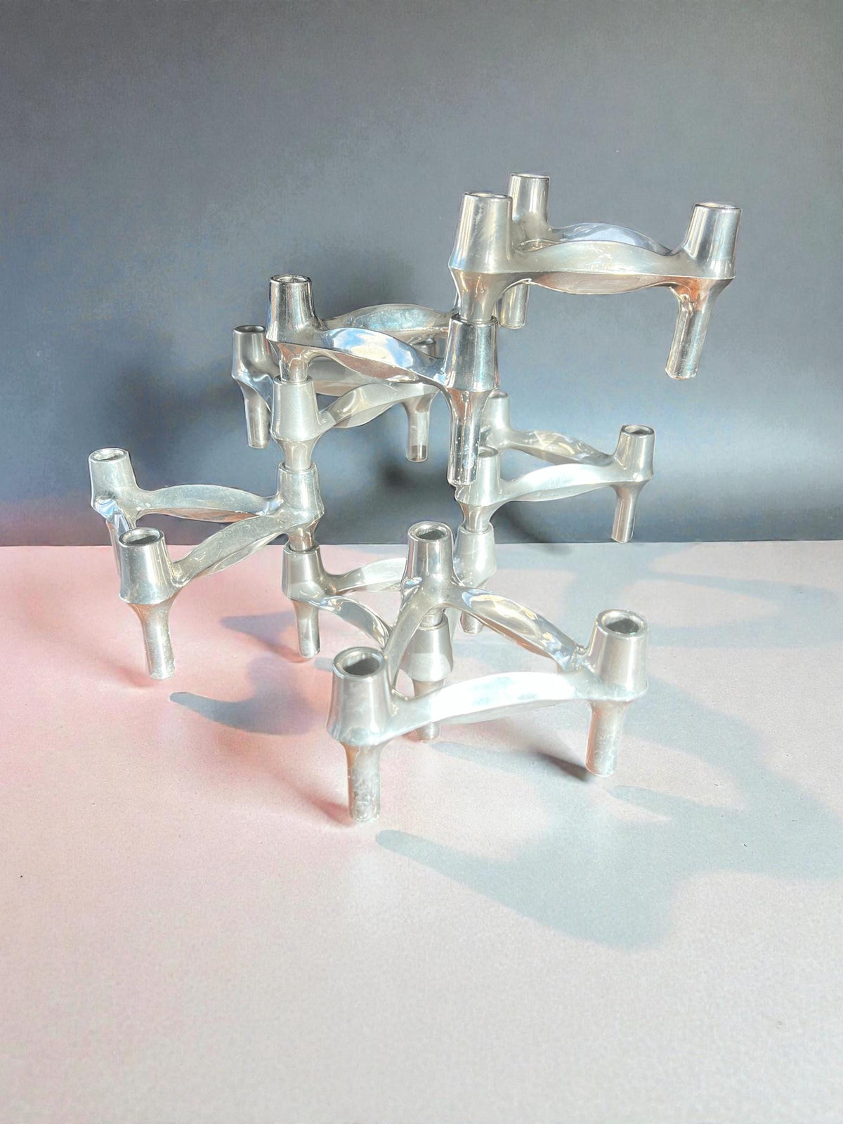 BMF - STOFF und Nagel 7er Set Kerzenleuchter. Vintage Designklassiker der 70er Jahre, entworfen von Fritz Nagel und Ceasar Stoffi für BMF
