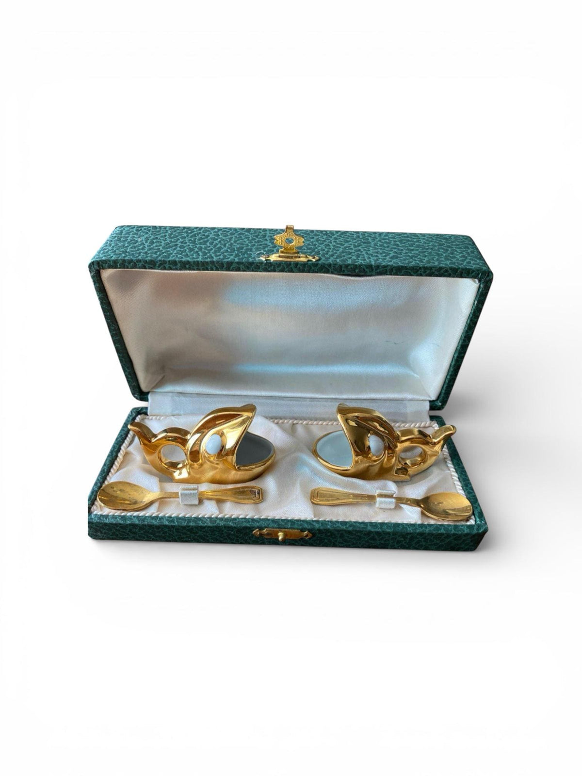 Art Deco Salz-und Pfeffer Set Fisch aus Porzellan mit Goldauflage in Originalbox, original Art Deco aus Frankreich