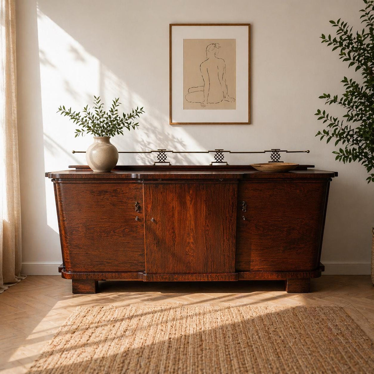 Seltenes Art Déco Sideboard der 30er Jahre – Mahagoni mit architektonischer Messingkrone & ausziehbarer Marmorplatte mit Steinbruchlabel!