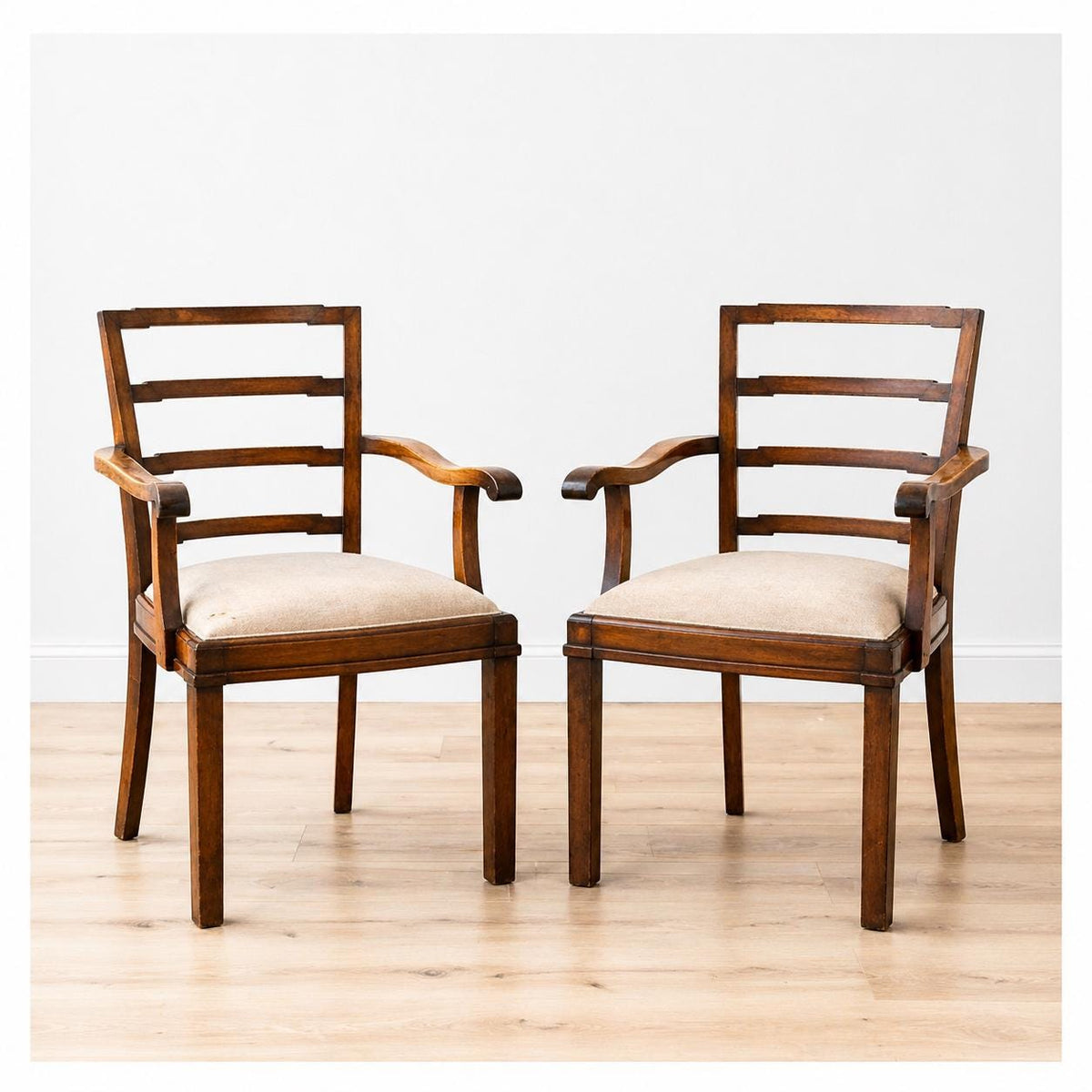 Mid Century Sessel Set 2x Nussbaum Vintage Armlehnenstühle 1940er | Holz Stühle gepolstert B&F Manufaktur