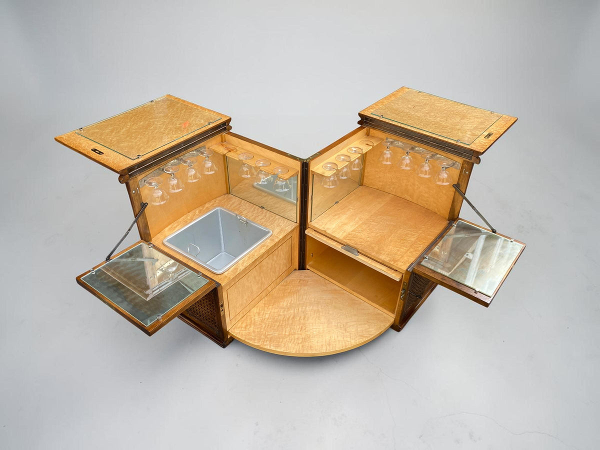 Seltener Luxus Mid Century Cocktail Barwagen 1950er – Exklusives Dry Bar Cabinet mit Vogelaugenahorn & Original Ausstattung