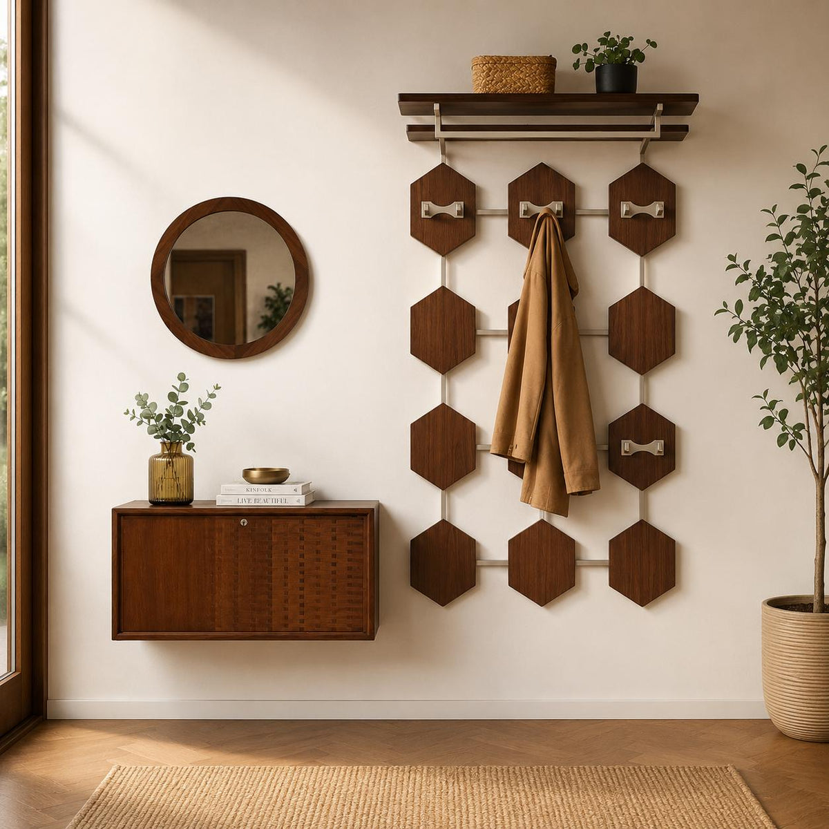 Danish Modern Garderoben-Ensemble aus den 1960er/70er Jahren – Poul Cadovius Schuhschrank, skulpturaler Wandgarderobe und Teak-Spiegel.