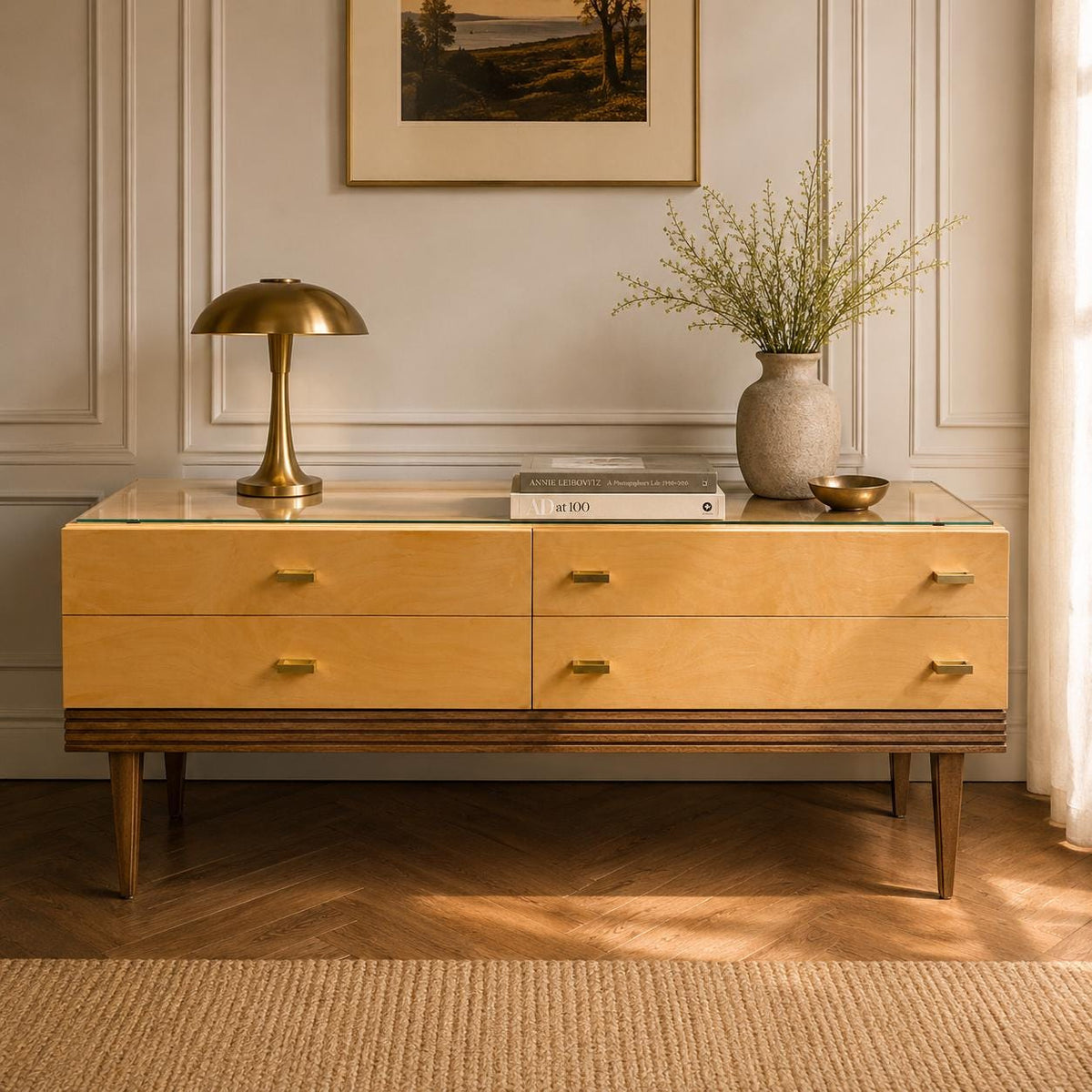 Vintage Mid Century Frisierkommode / Kommode – Ahorn Furnier – Messinggriffe – Glasplatte – 1950er/60er – Made in Germany