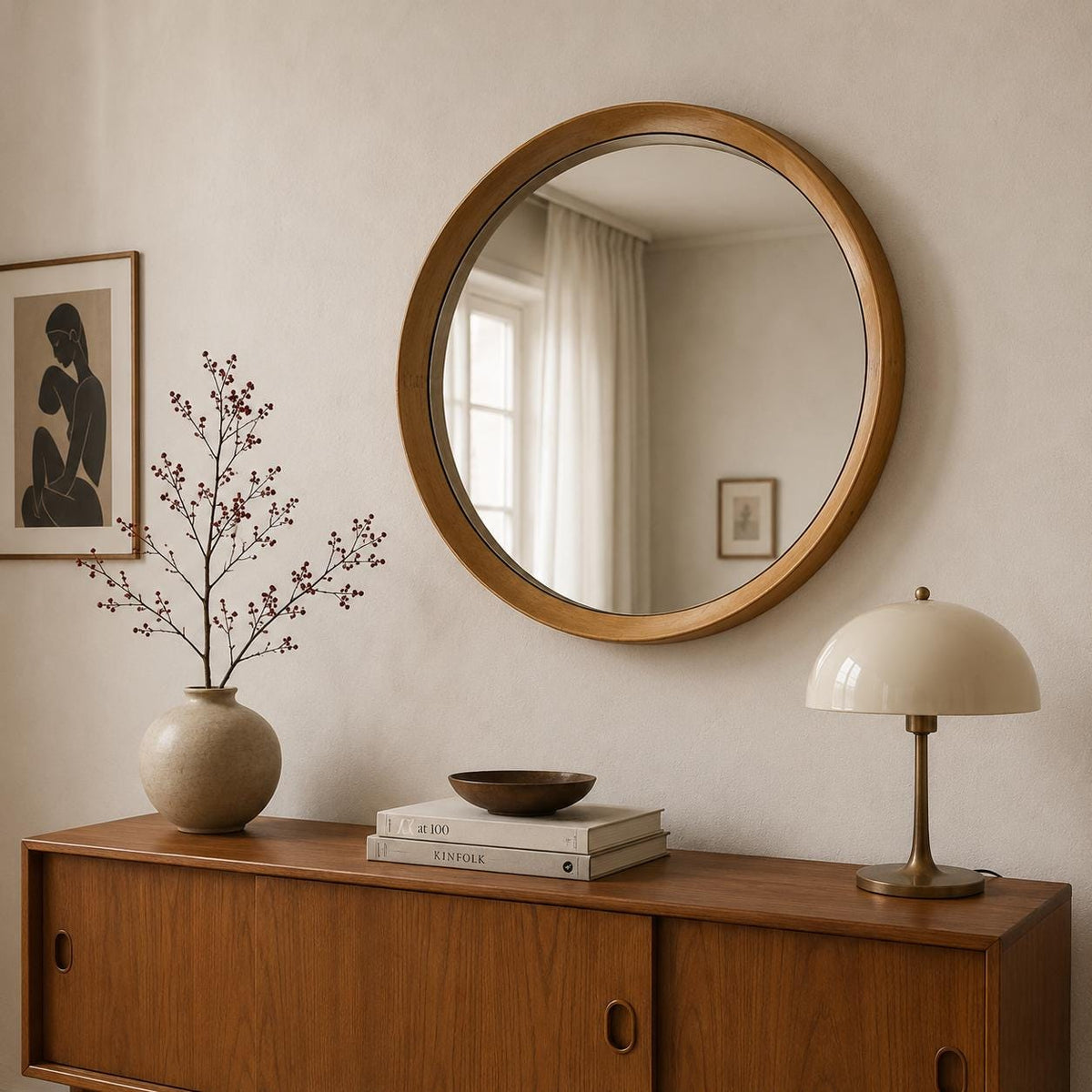 Mid Century Wandspiegel 50er Jahre – Runder Holzspiegel mit tief liegendem Spiegelglas Ø 66 cm