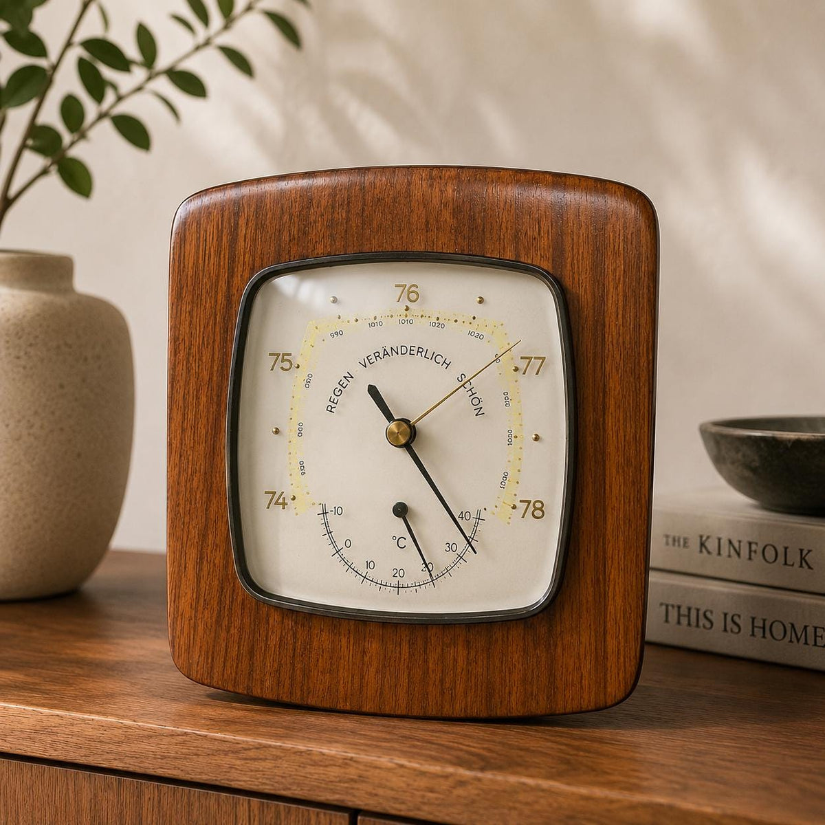 Vintage Mid Century Wetterstation 1960er Holz Barometer Thermometer Wandgerät Danish Modern Teak Optik