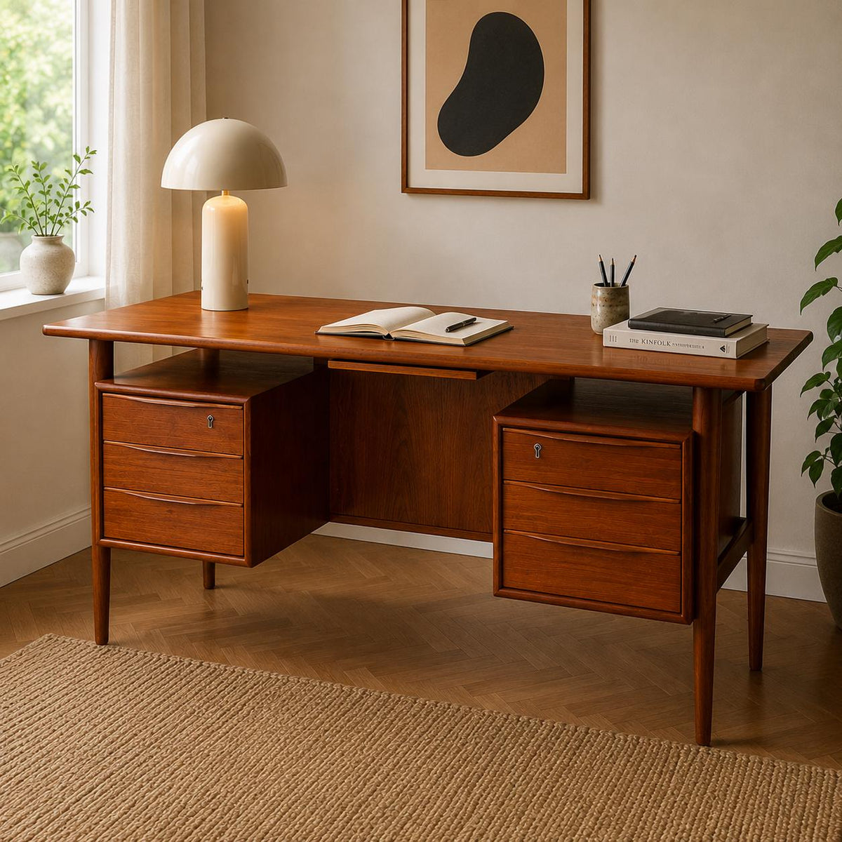Peter Løvig Nielsen Schreibtisch aus Teak, Dänemark 1960er, freistehend, Mid Century Modern Executive Desk, signiert