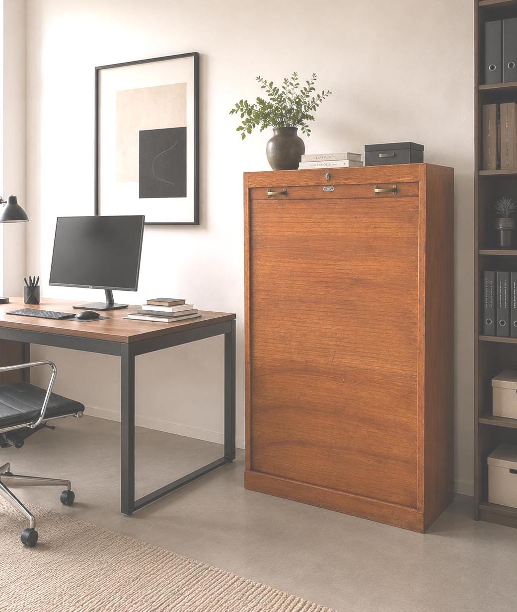 Antique Oak Tambour Cabinet | Roll Top Office Cabinet | German Bauhaus Era Filing Cabinet | Art Deco Office Storage | 1920s Rolladenschrank