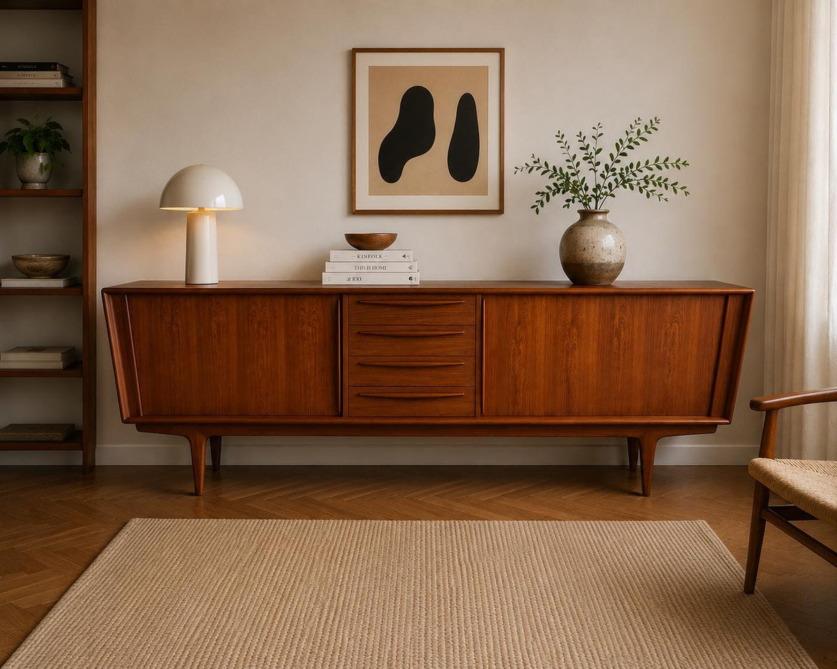 Seltenes Bernhard Pedersen (BPS-M) Teak Sideboard Modell 1560, Dänemark 1960er, 250 cm, Rolladentüren/ Tambour Door, Mid Century Modern