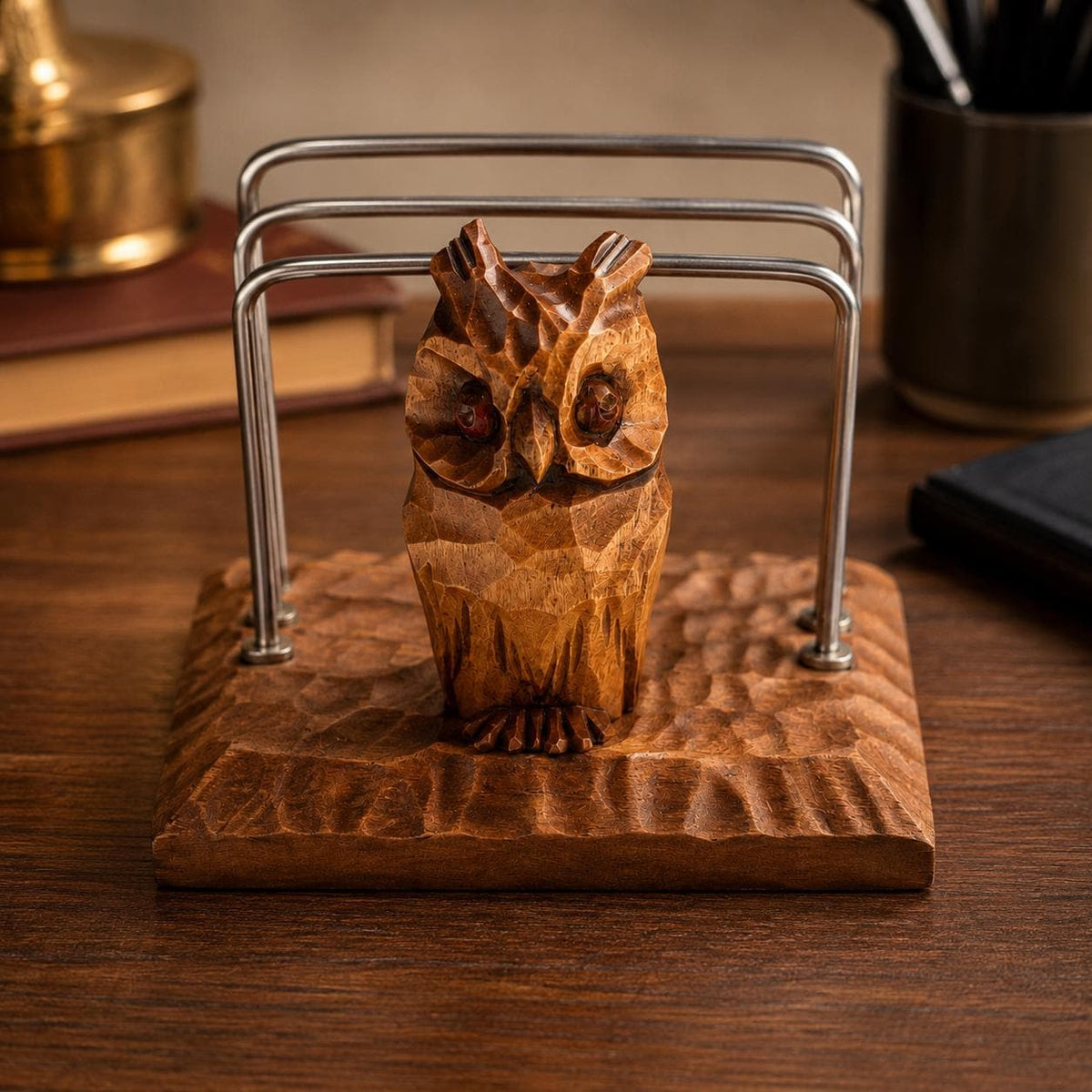 Vintage Eulen Briefhalter Holz geschnitzt Mid Century Letter Holder Hand Carved Owl Desk Organizer Retro