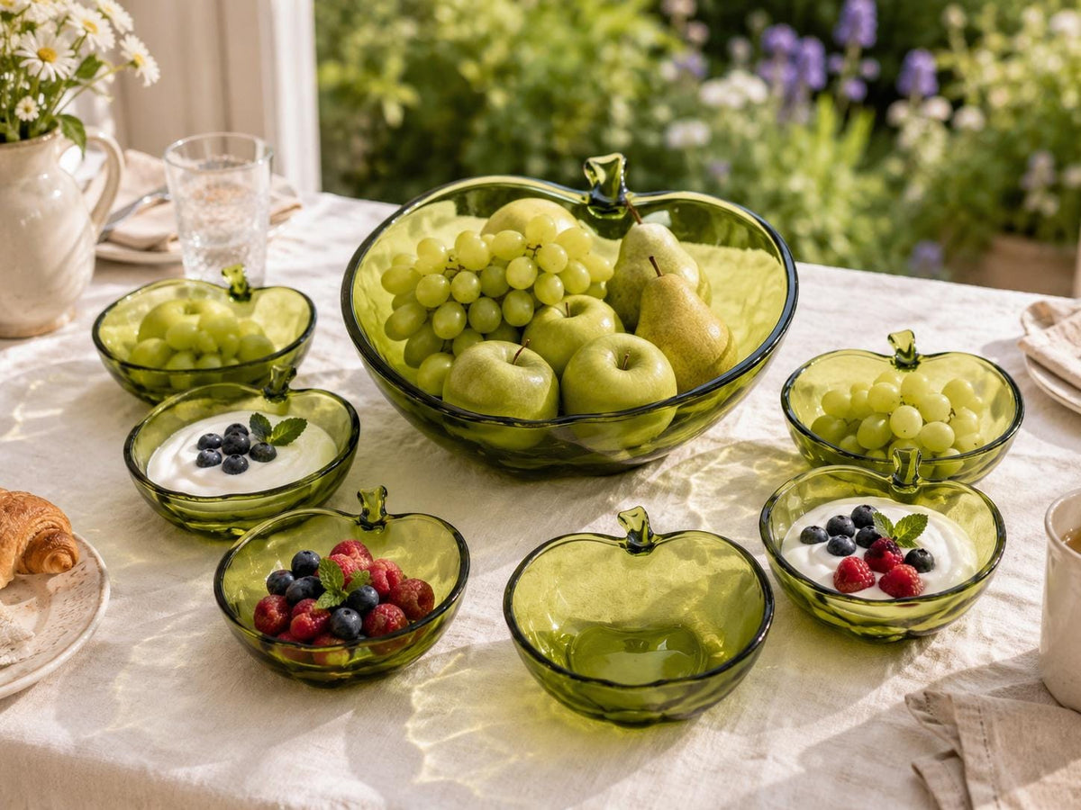 Vintage Obstschale mit 6 Dessertschalen aus grünem Glas | Apfelform | 70er Jahre Glasschalen Set | Mid Century Deko